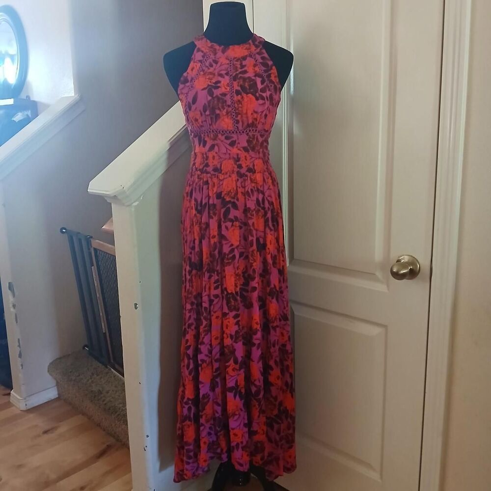 Anthropologie Abel the Label Purple Reign Halter Neck Maxi Dress Floral Rose S